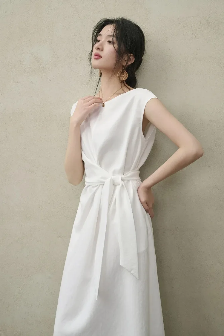 SENTUBILA Damen Weißes Freizeitkleid im A-Linien-Schnitt 2026 Neues Elegantes Bürokleid mit U-Ausschnitt, Taillenband und Raglan-Kurzärmeln 162LI6088 – Detail 14