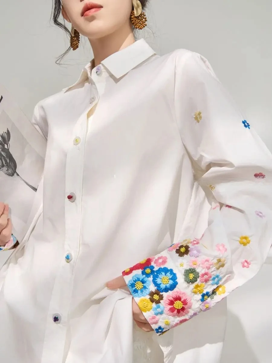 

Luxury Flower Embroidery Long Sleeve Shirts Cardigan POLO Turn-down Collar Button Up White Shirt Temperament Elegant Women Tops
