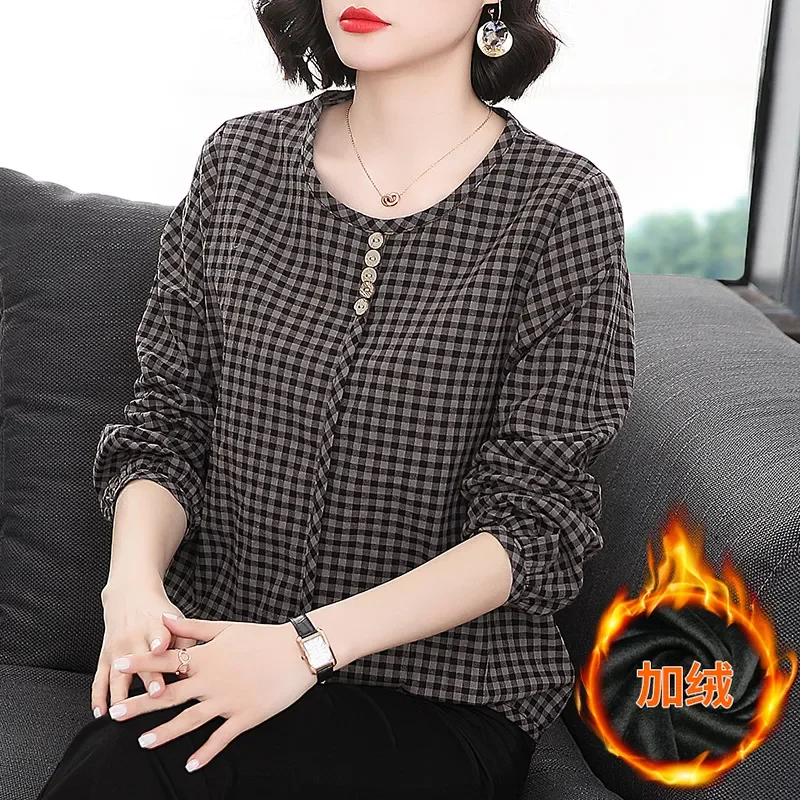Women Plaid Round Neck Long Sleeve Blouse Wooden Button Loose Casual Tops For Elderly Mothers