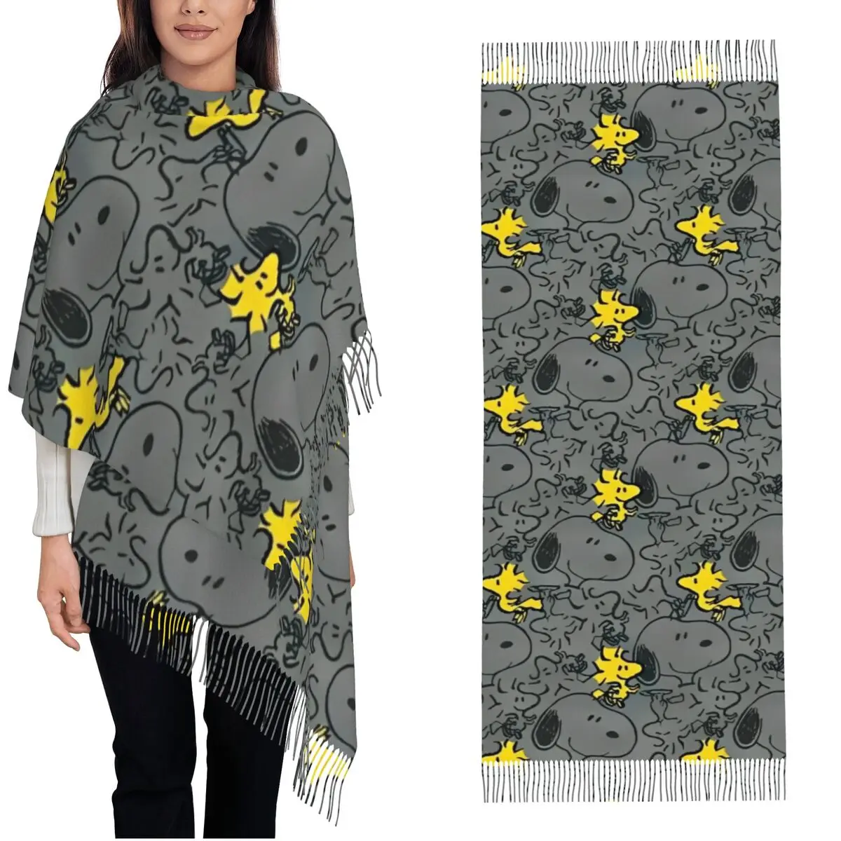 Peanuts Snoopy Woodstock Scarf Womens Fall Winter Cashmere Shawls Wrap Cartoon Cute Long Large Scarves with Tassel Daily Wear