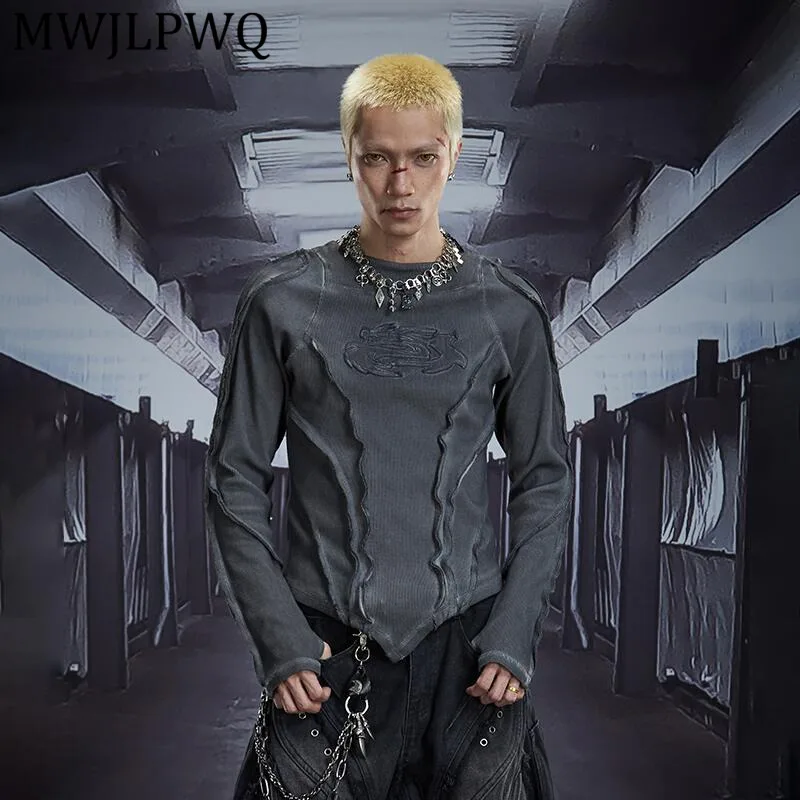 

MWJLPWQ Personality Deconstructed Round Neck T-Shirt Men's High Street Washed Dirty-Dyed Slim Fit Stretch Hiphop Tops Chic 12988