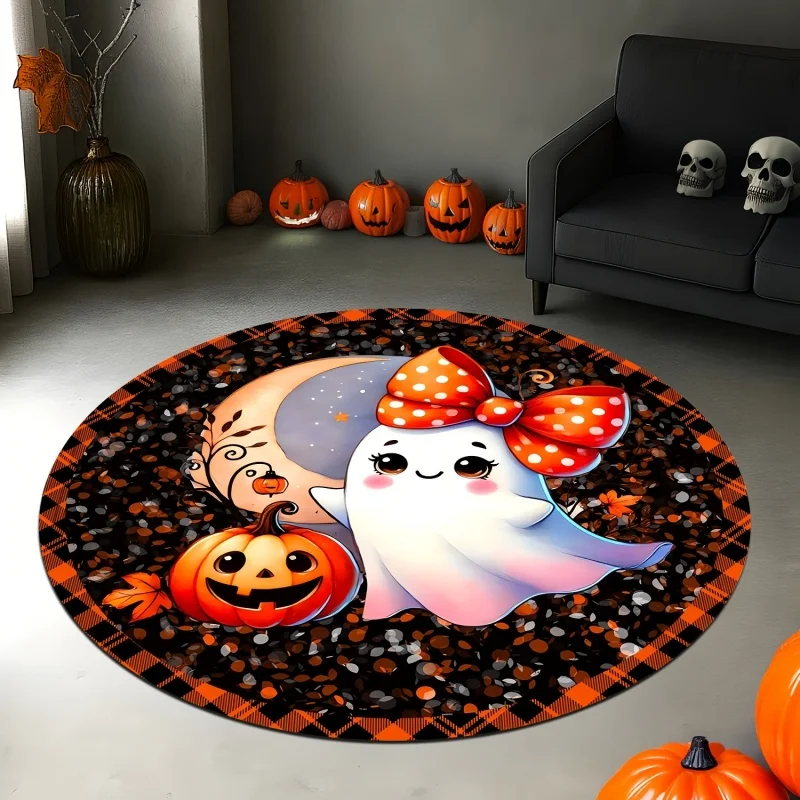 Stacked Pumpkin Halloween Round Rug,Candle Bat Full Moon Printed Circular Floor Carpet,Spooky Holiday Indoor Decoration