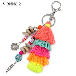 Handmade Jewelry Boho Keychain Shell Stone Tassel Beads Strand Pendant Charm Key Chains for Women Bag Car Ring Key Accessories