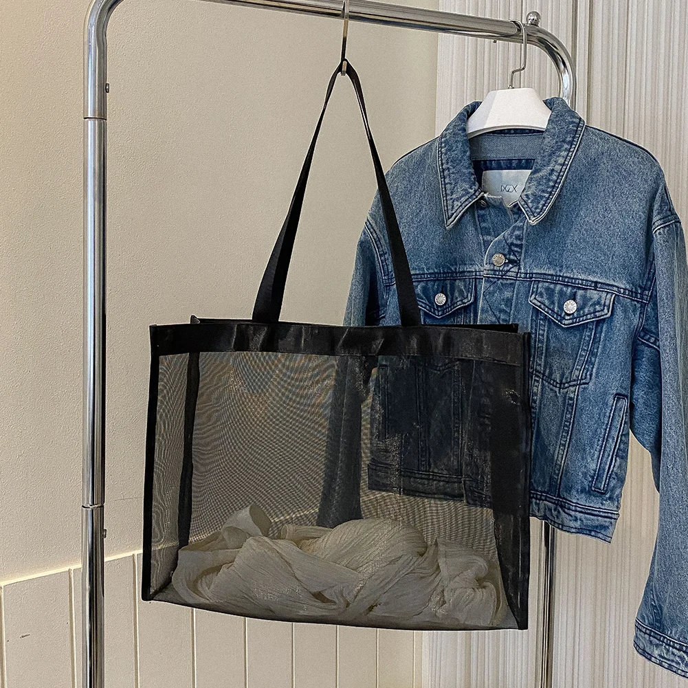 

Модная сумка для покупок, вместительная сетчатая сумка с верхней ручкой, однотонная сумка для хранения, прозрачная универсальная сумка для пляжа и плавания