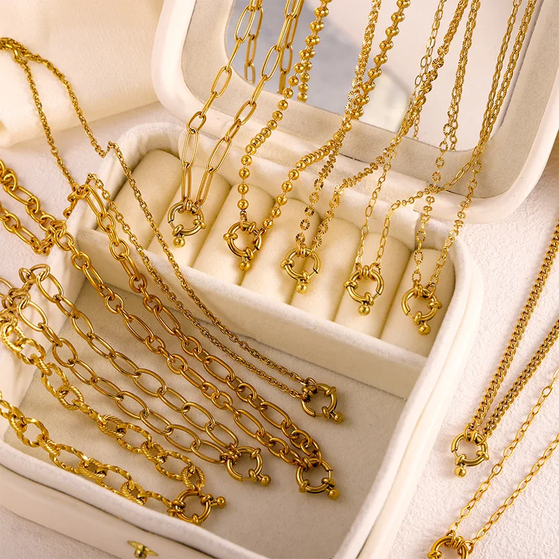 

CARLIDANA Trendy Stainless Steel Jewelry Gold Plated Spring Buckle Cross Twist Chain Beads Chain Necklace for DIY Jewelry Making