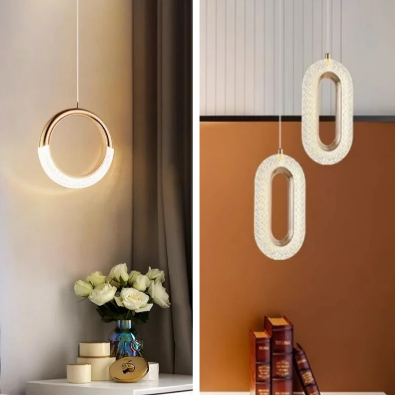 

Modern Ring LED Pendant Light Acrylic Textured Chandelier Minimalist Bedside Lamp for Bedroom Living Room