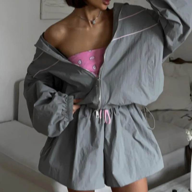 

Fashion Loose Gray 2 Piece Sets Women Outfit 2025 Elegant Long Sleeve Shirt With High Waist Shorts Set Female Streetwear