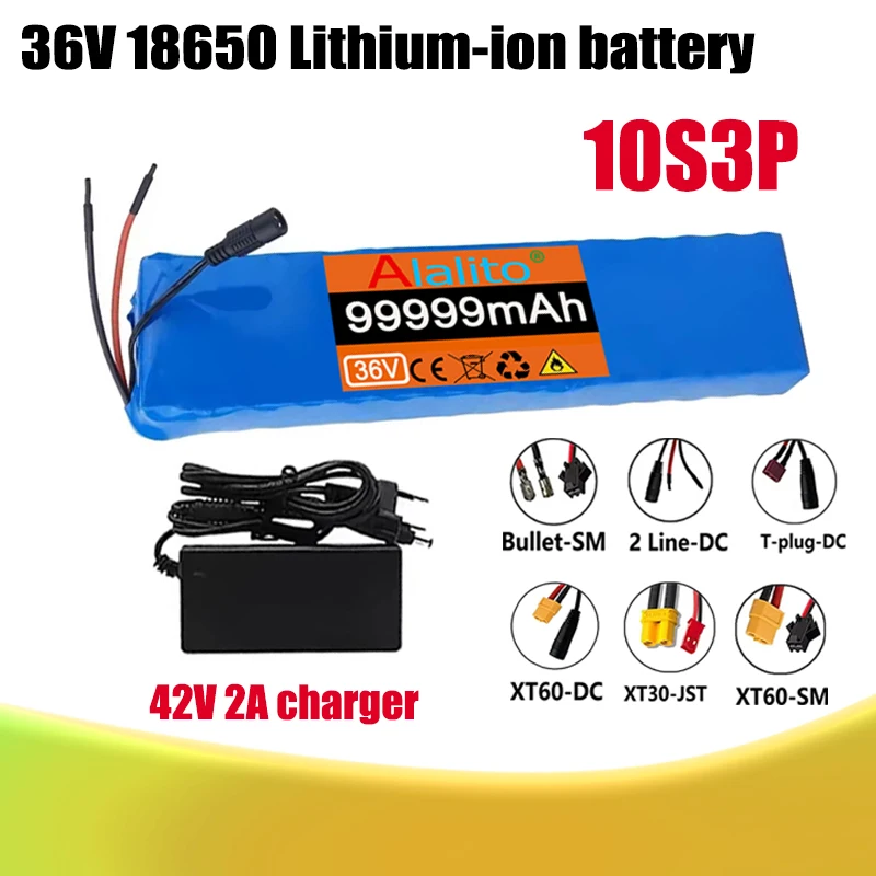 10S3P battery pack, built-in 15A BMS, suitable for 250W-500W devices+42V 2A charger, 36V 99999mAh 18650 lithium-ion battery