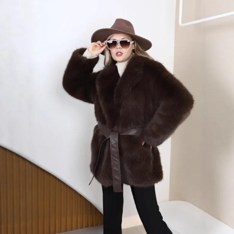 Women's Models Autumn Winter Tops Coat Faux Fur Mid-length Belt Thickened Warm Personalized Retro Simple Comfortable Versatile