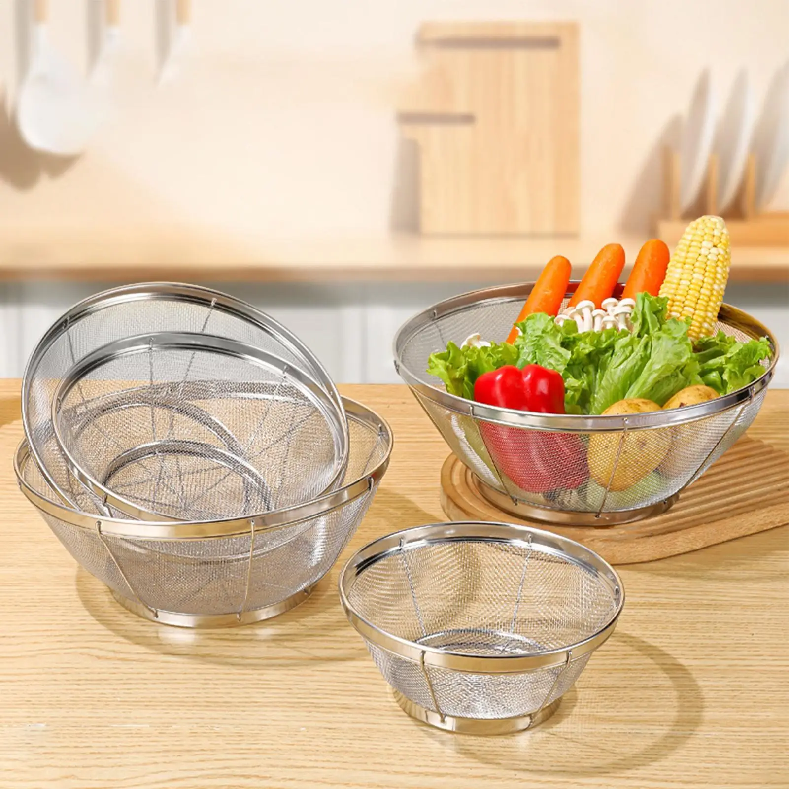 

3Pcs Stainless Steel Mesh Strainer Rice Washing Bowl Fine Metal Drainer Kitchen Colander Sieve For Fruits Spaghetti Noodles