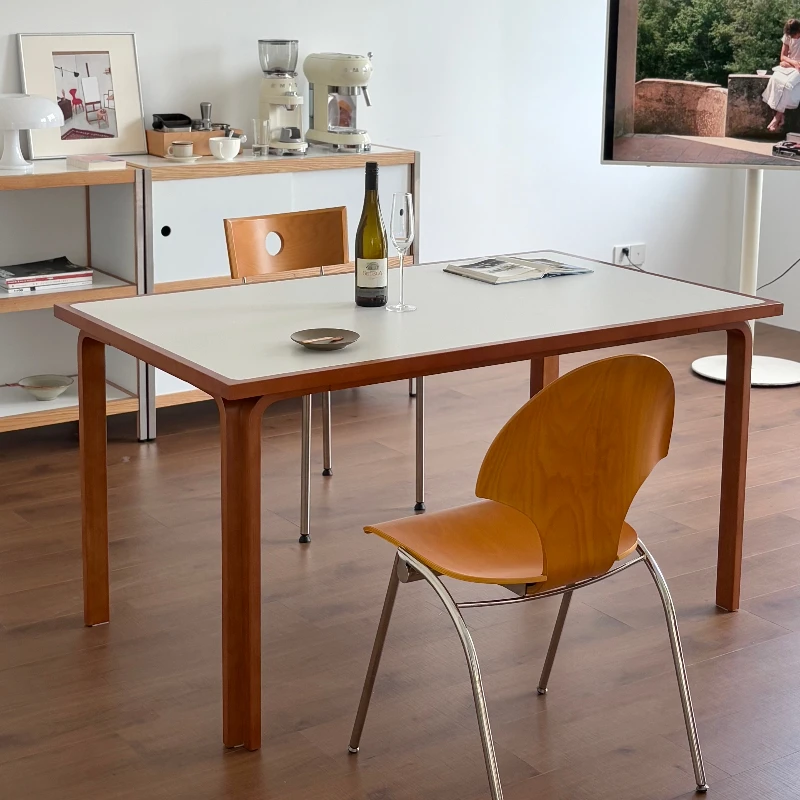 

Nordic retro white rock slab dining table modern household beech solid wood desk Nordic medium and ancient small apartment