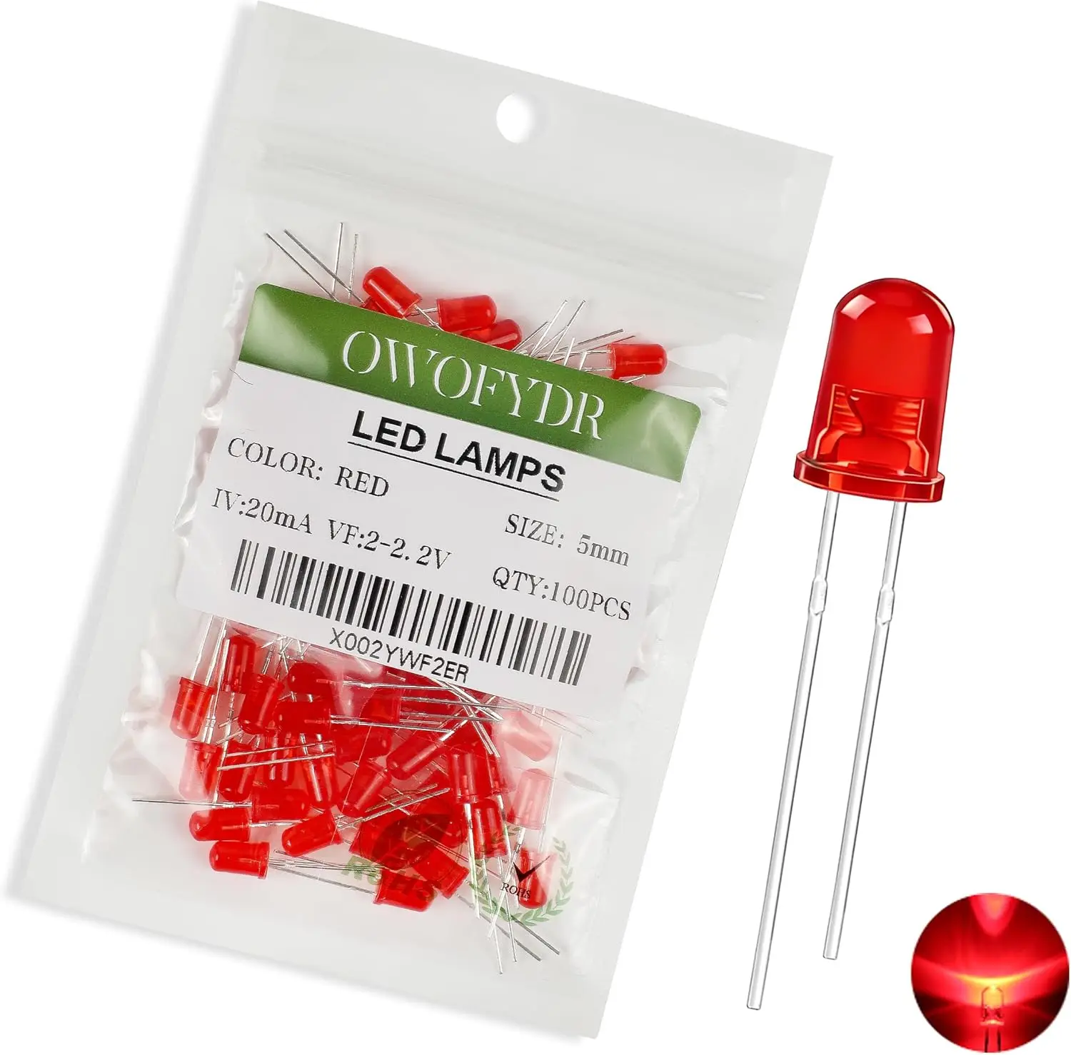 

100 шт. 5-мм красных рассеянных диммируемых светодиодных лампочек, 2В 20мА для DIY-проектов и индикаторных светильников