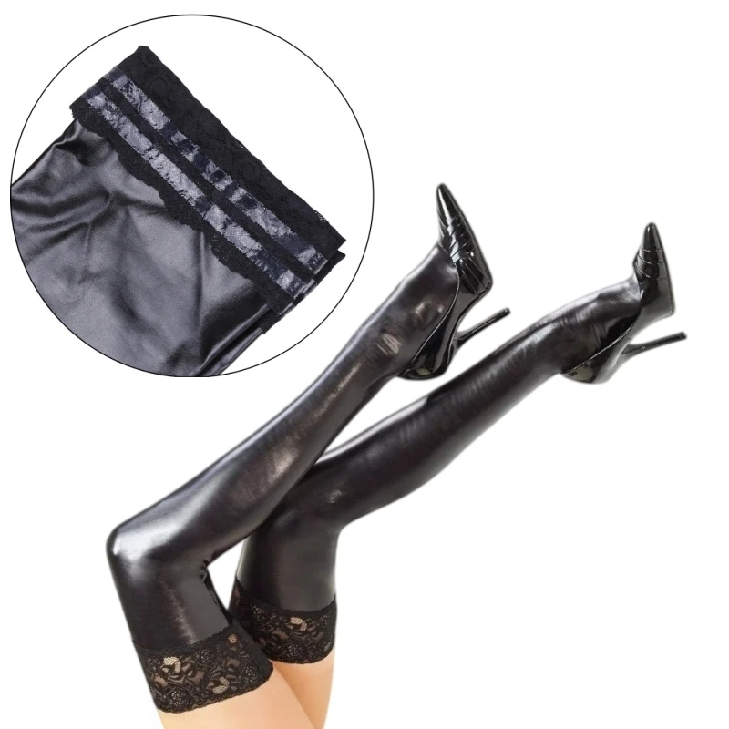 2XL Plus Size PU Leather Foot Shaped Thigh High Stockings With Anti-slip Silicone Women Sexy Pole Dance Clubwear Cosplay Medias