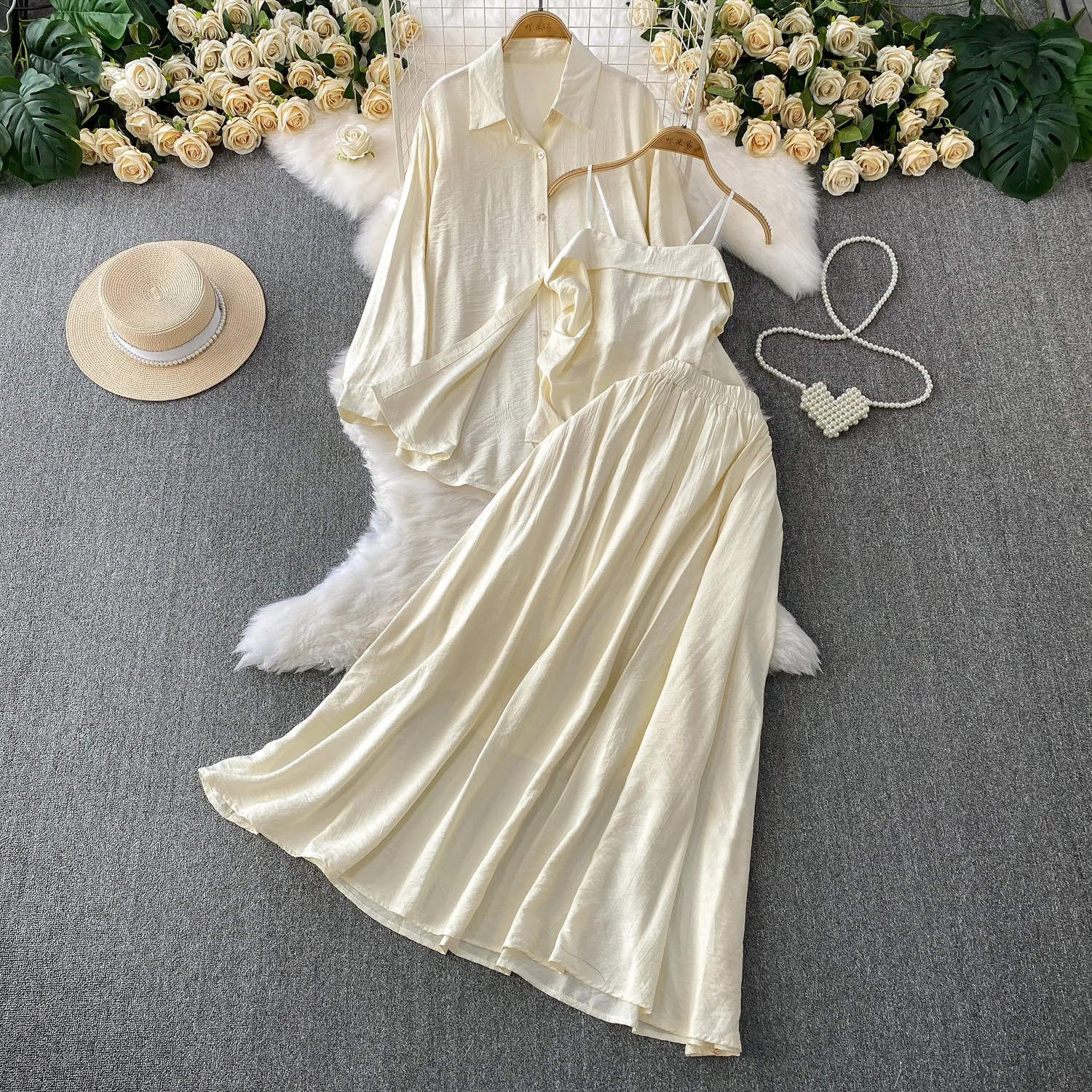 

Three Piece Sets Skirt Set Y2k Streetwear Elegant Work Full Sleeve Shirt Slim Fit Sling Long Skirts A Line Elastic Waist Beach