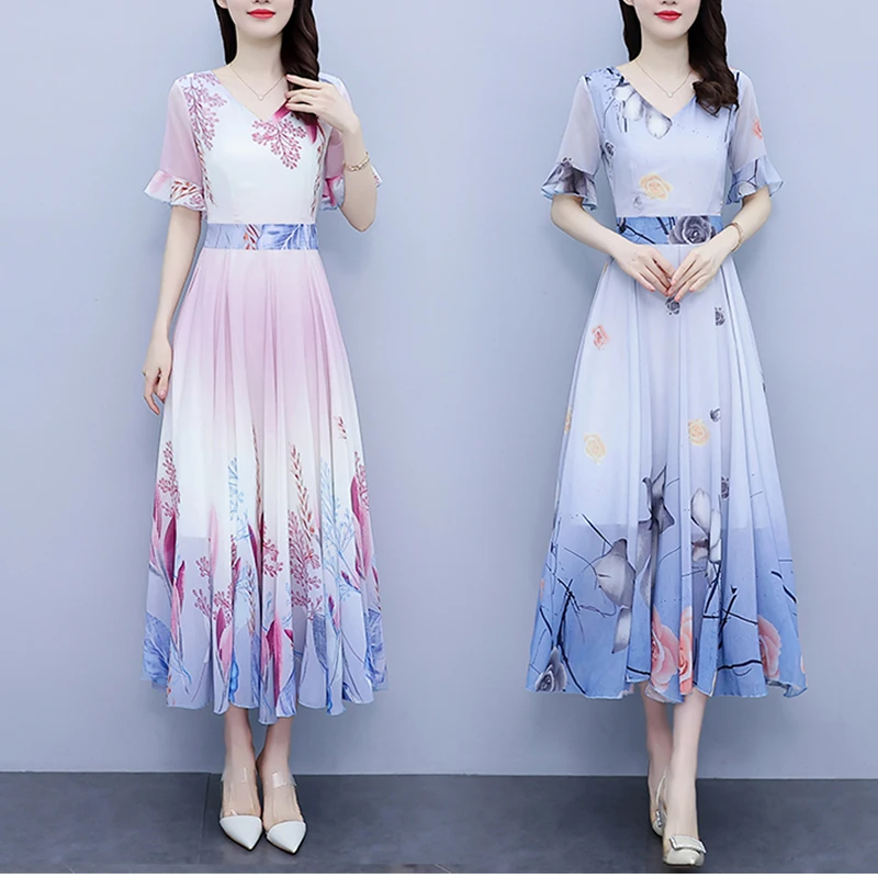 Women Bohemia Chiffon Long Dresses Summer Female V Neck Short Sleeve Large Size Elegant A Line Pink Blue Floral Printed Vestidos