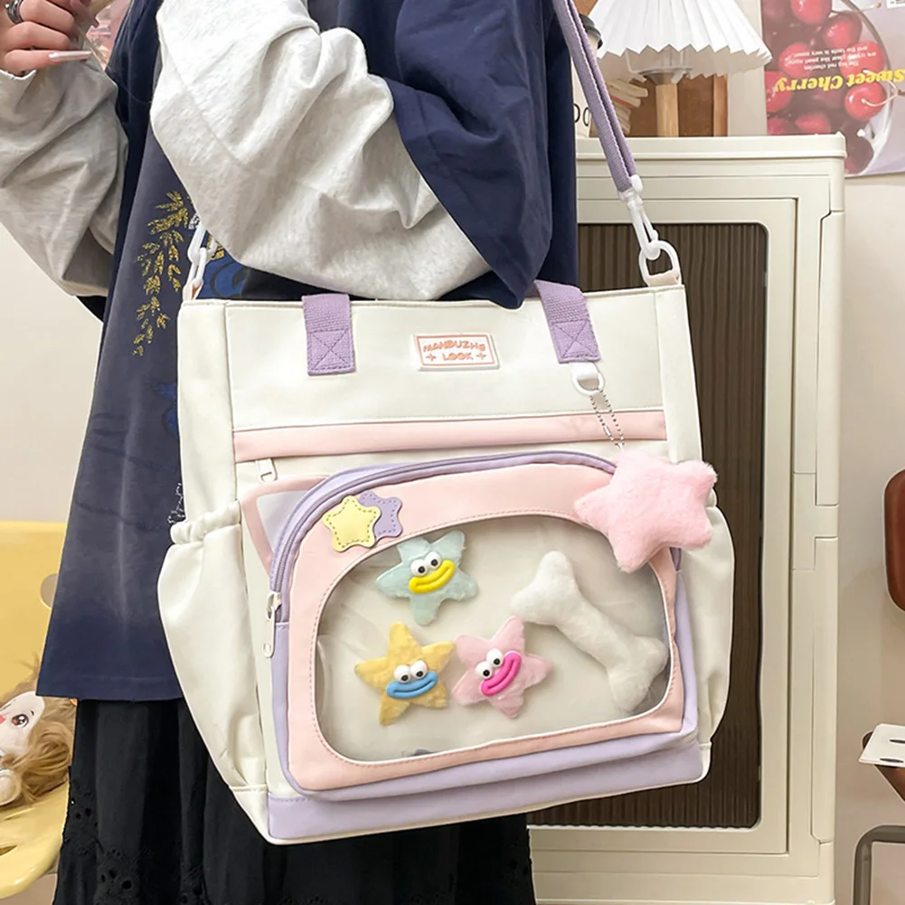 Canvas Women Handbags,Clear Window Large Capacity Japanese Messenger Bag,Ladies Shoulder Bag,Book Bags Showcase Your Anime Pin