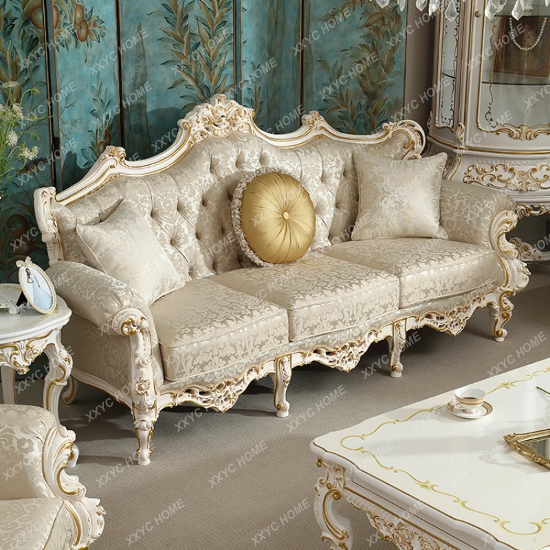 French Rococo Style Fabric Sofa Combination Living Room Solid Wood Carved Luxury European Style Furniture Cream Style