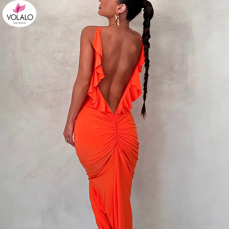 

VOLALO Ruffles Backless Maxi Dress Women Sexy Spaghetti Strap Pleated Hip Package Female Slip Dresses Spring Ladies Vestidos