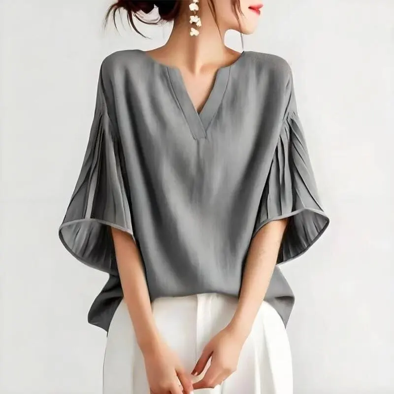 4-color Rakuten 2026 Summary Short-sleeve Loose V-neck Rule 124; Rule 124; Drop-shoulder  women's Shirt Top Sexy Luxury Maxi