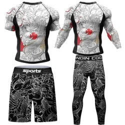 New Compression MMA Rashguard T-shirt Men's Running Suit Muay Thai Shorts Rash Guard Sports Gym Bjj Gi Boxing Jerseys 4pcs/Sets