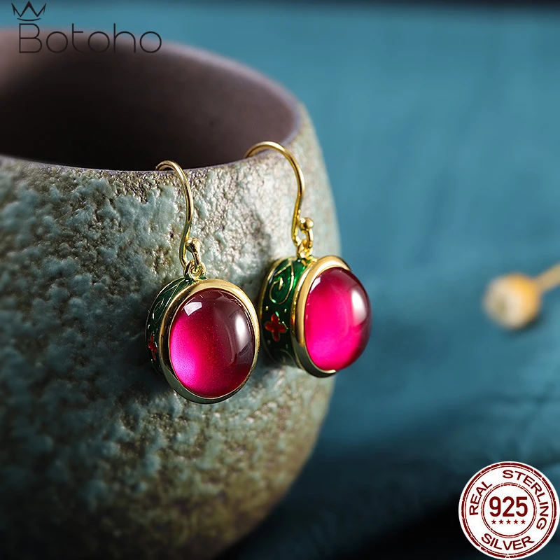 

Vintage 925 Sterling Thai Silver Drop Earrings Jewelry Oval Red Corundum Enamel Firing Ethnic Retro Gemstone Women's Earring