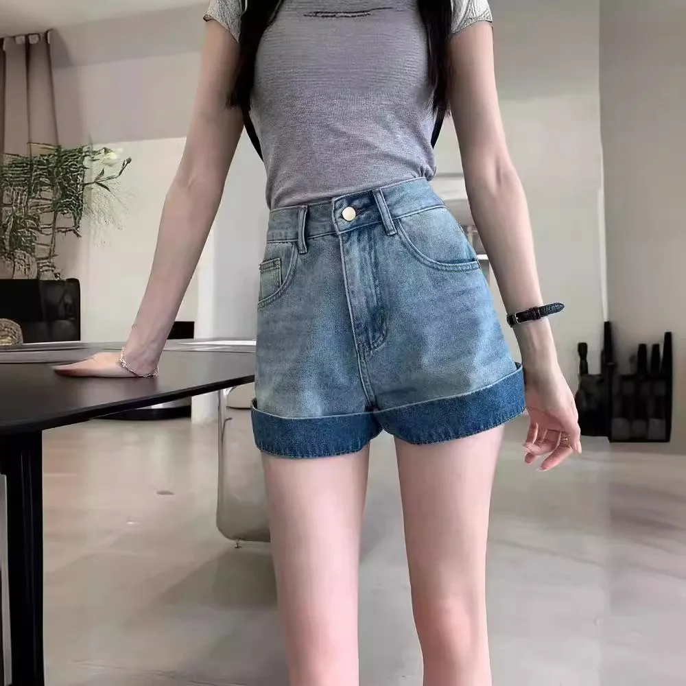 High Waist Blue Rolled Hem Straight Leg Jeans Denim Pants Shorts