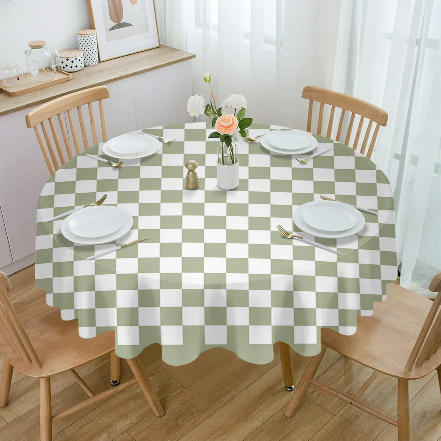 

Grass Green Checkerboard Round Tablecloth Waterproof Table Cover for Wedding Party Decoration Dining Table Cover