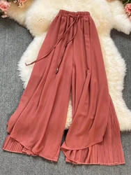 Elastic Waist Wide Leg Pants Women Summer Korean Style Chiffon Straight Leg Pants Thin High Waist Loose Casual Baggy Pants