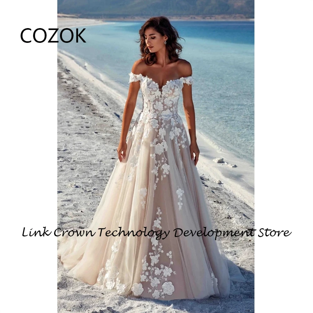 COZOK-Vestidos De Novia sin tirantes con encaje, color champán, sin hombros, longitud hasta el suelo, verano, 2024