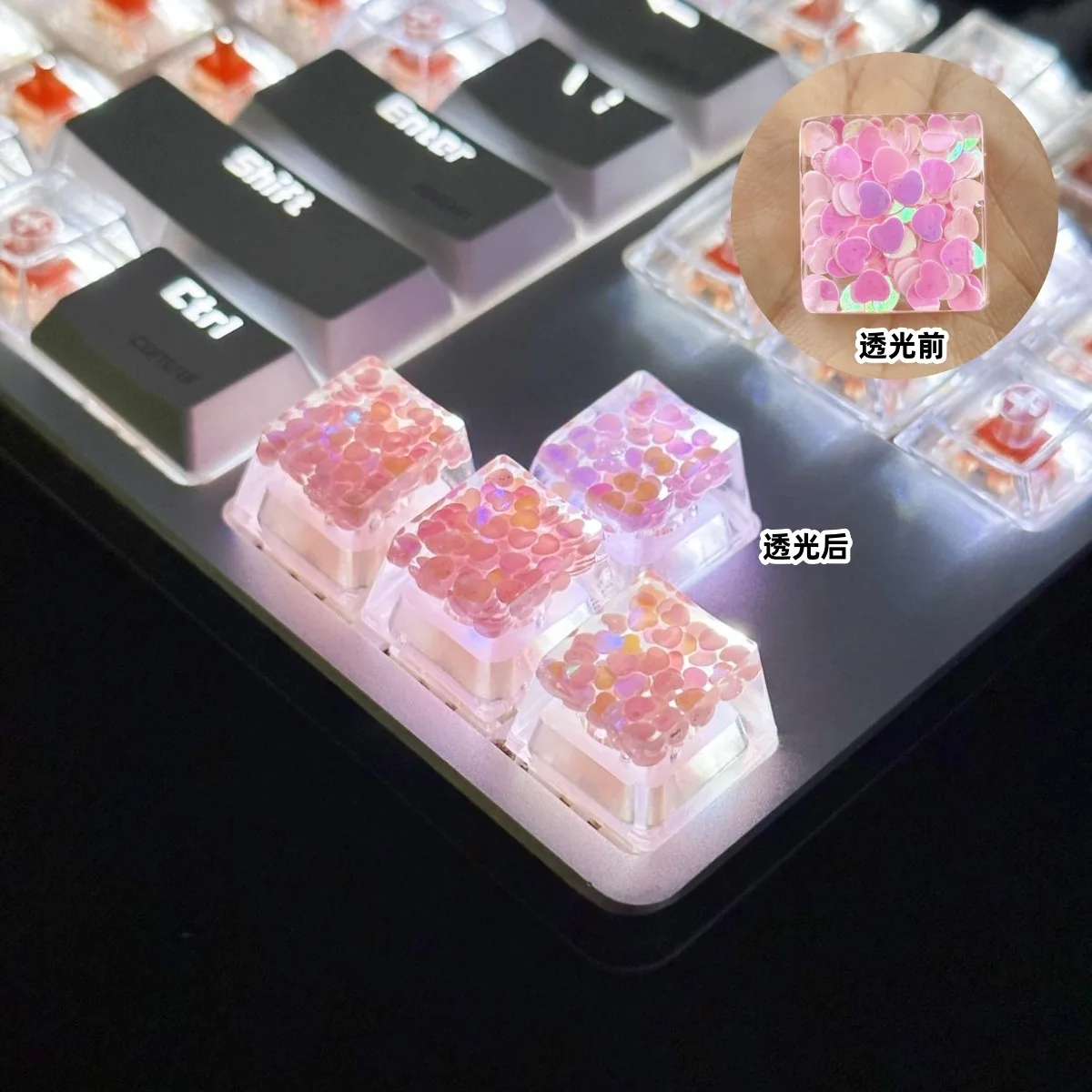 Translucent Love Sequins Keycaps com Acessórios, Teclado Mecânico, Eixo Cruzado, Novo, Mais Vendido, 4Pcs