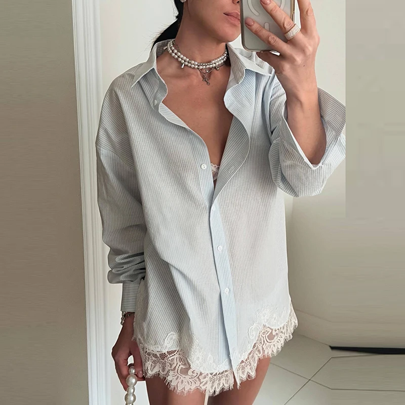 

Elegant Lady Single Breasted Set Fashion Stripe Printed Lapel Shirts&Skirts Set Summer Lace Spliced Lace-up Skirt Two Piece Sets