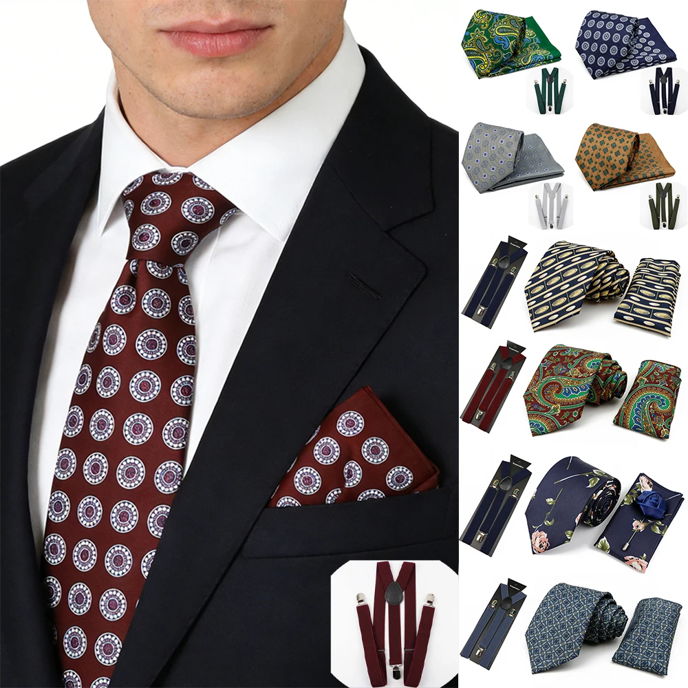 

Мужской галстук, носовой платок, подтяжка, полиэстеровый галстук с принтом пейсли, карманный квадратный бандаж, комплект из 3 предметов, свадебный аксессуар, подарок для джентльмена