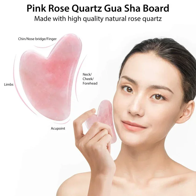 Rodillo de Jade de cuarzo rosa Natural y conjunto Gua Sha, masajeador de rodillo facial, tablero raspador en forma de corazón de Jade, herramienta de masaje para el cuidado de la piel