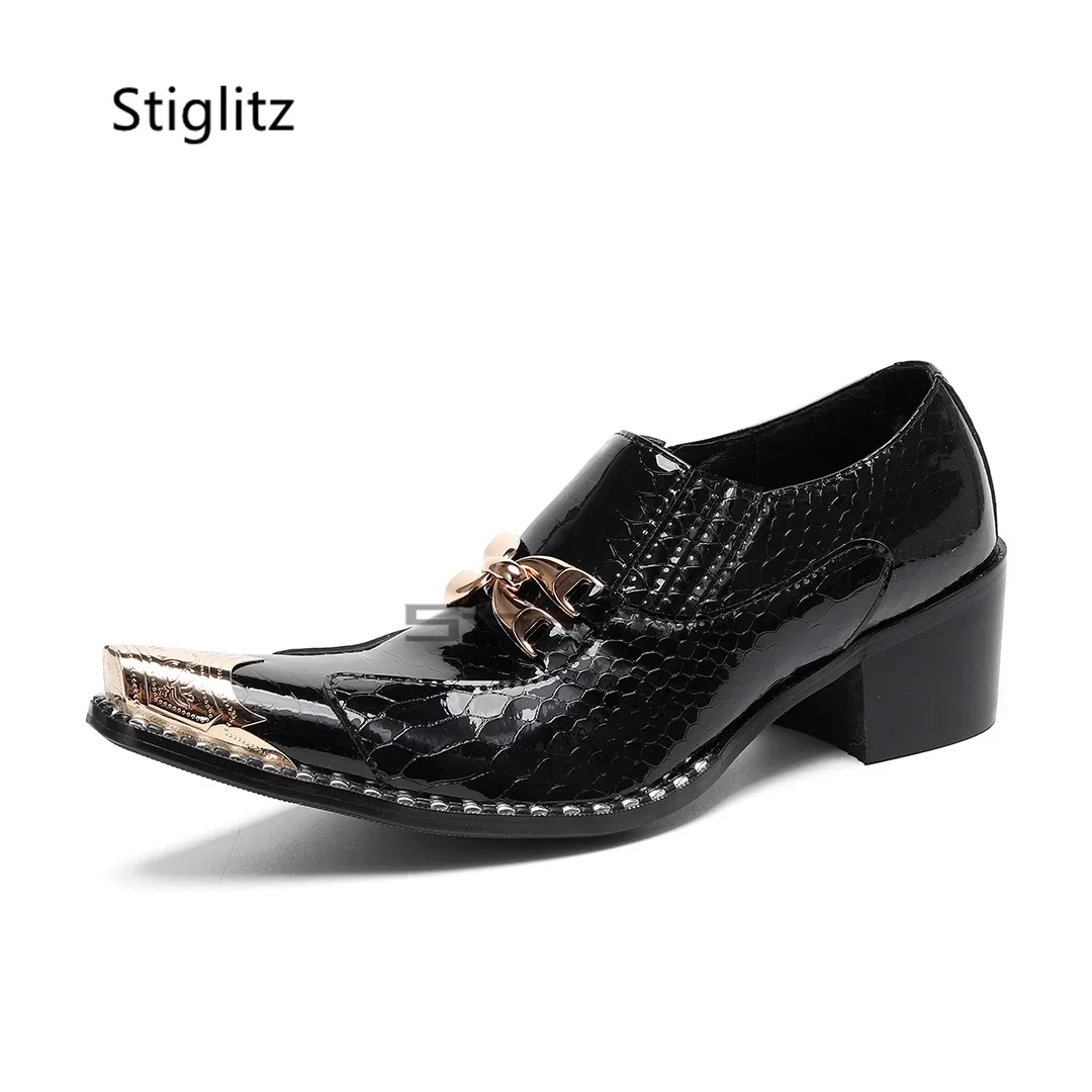 Black Bright Leather Dress Shoes Men Genuine Metal Buckle Pointed Toe High Heels Slip On Shoes Spring Autumn Party Office Shoes