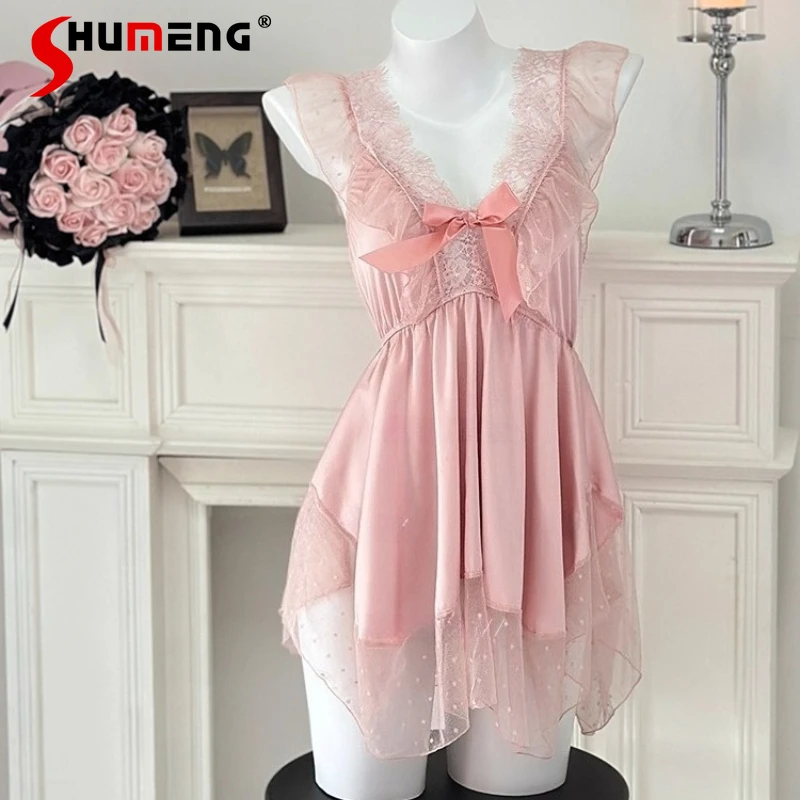 

Sweet Lace Girl Nightdress Sexy Ice Silk Pajamas Homewear Sleepshirts Women's Pure Desire Short Style Bow Collar Nightgowns
