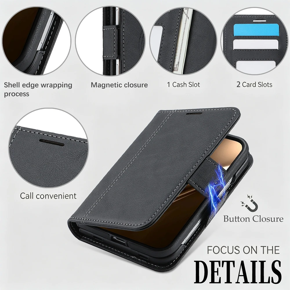 2 in 1 Detachable Leather Wallet Case for IPhone Duo Fold Card Slots Wireless Charging Magnetic Business Protective Cover view 3