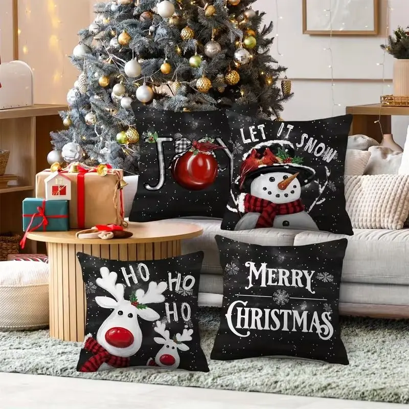VIKAMA 4Pcs Black Christmas Pillow Covers Snowman Reindeer Merry Christmas Slogan Print Cushion Cases Sofa Decor Without Insert