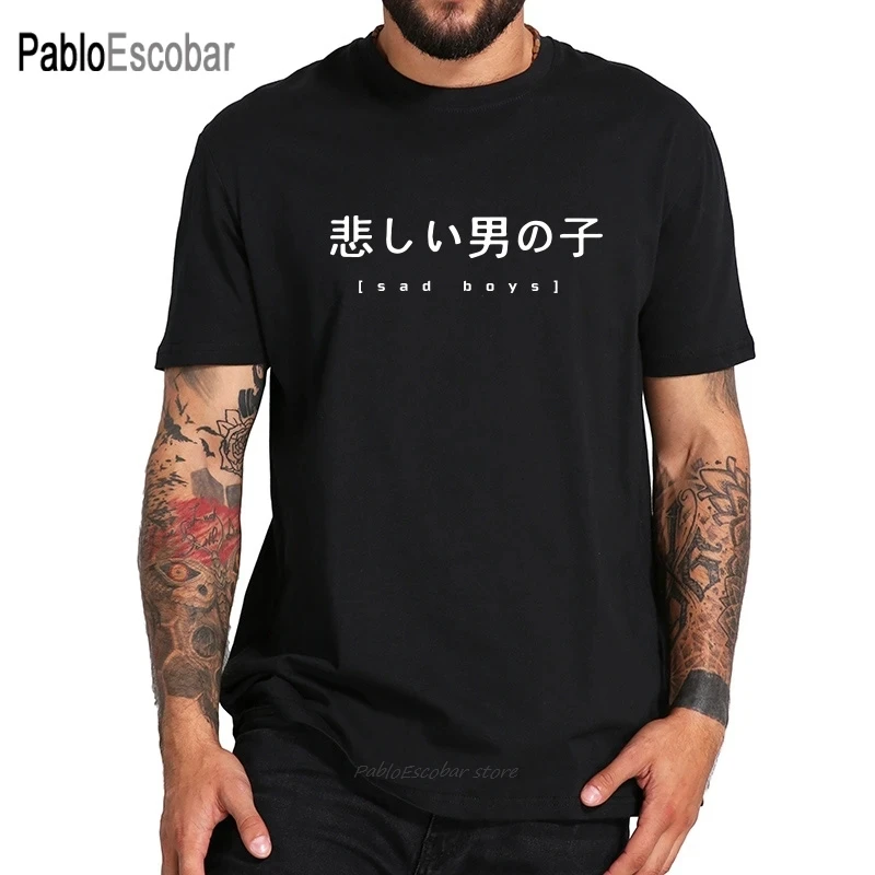 

men cotton tshirt Sad Boys Japanese Letter Print Hot Design High Quality Short Sleeved Cotton T-shirt