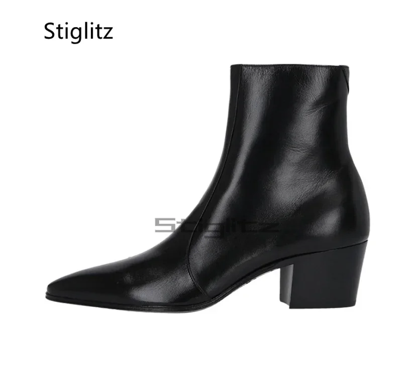 

High Heels Men's Ankle Boots Black Pointed Toe Zip Genuine Leather Chelsea Boots British Style Luxury Business Wedding Shoes