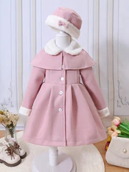 Girls Autumn And Winter New Fashionable Fur Collar Shawl Double Layered Woolen Coat With Bow Hat