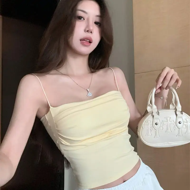 New Women Tank Tops wrinkle design Camisole with Padded Bra Korean Y2K Spicy Girls Sleeveless Tees Cropped Top Female Vest