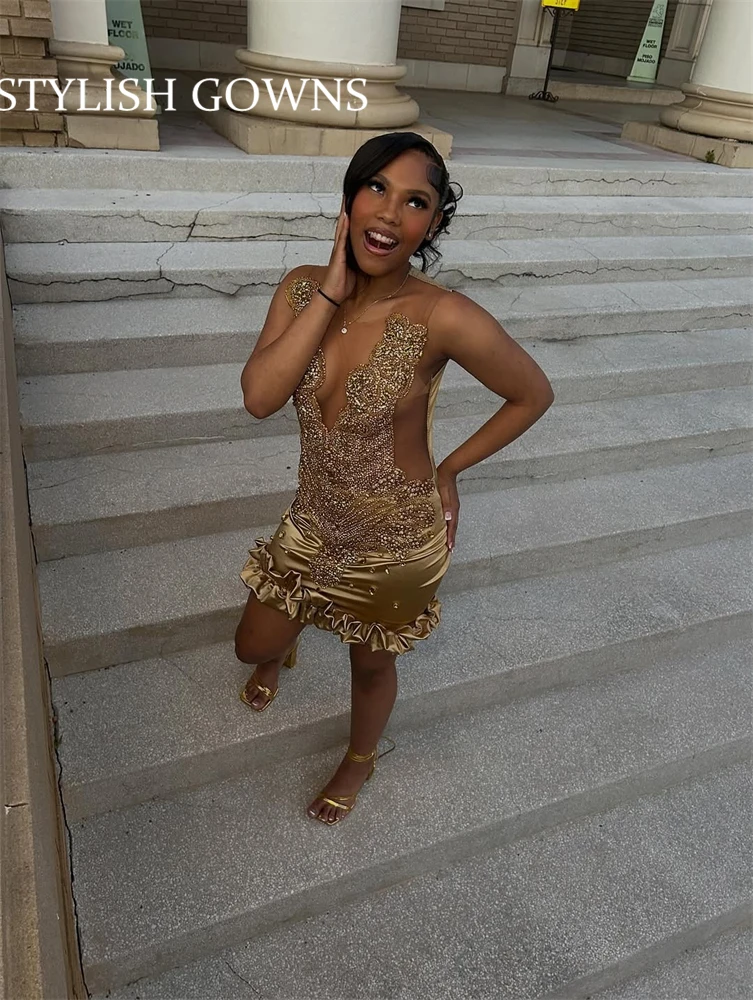 

Gold Prom Dresses Short For Black Girl Bead Crystal 2025 Birthday Luxury Dress Ruffles Formal Gown Mini Homecoming Customized