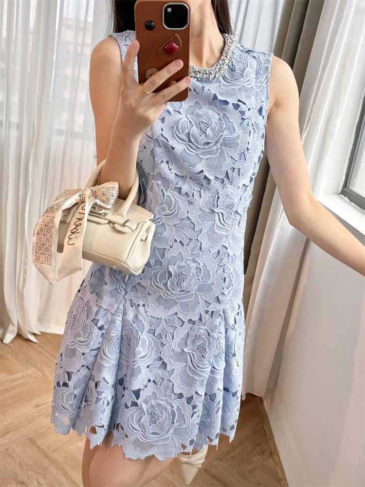 Women's Rhinestone Short Dress, Lace Sleeveless, O-Neck, Light Blue, A-Line, Elegant Style, High Street, Chic, Fashionable New