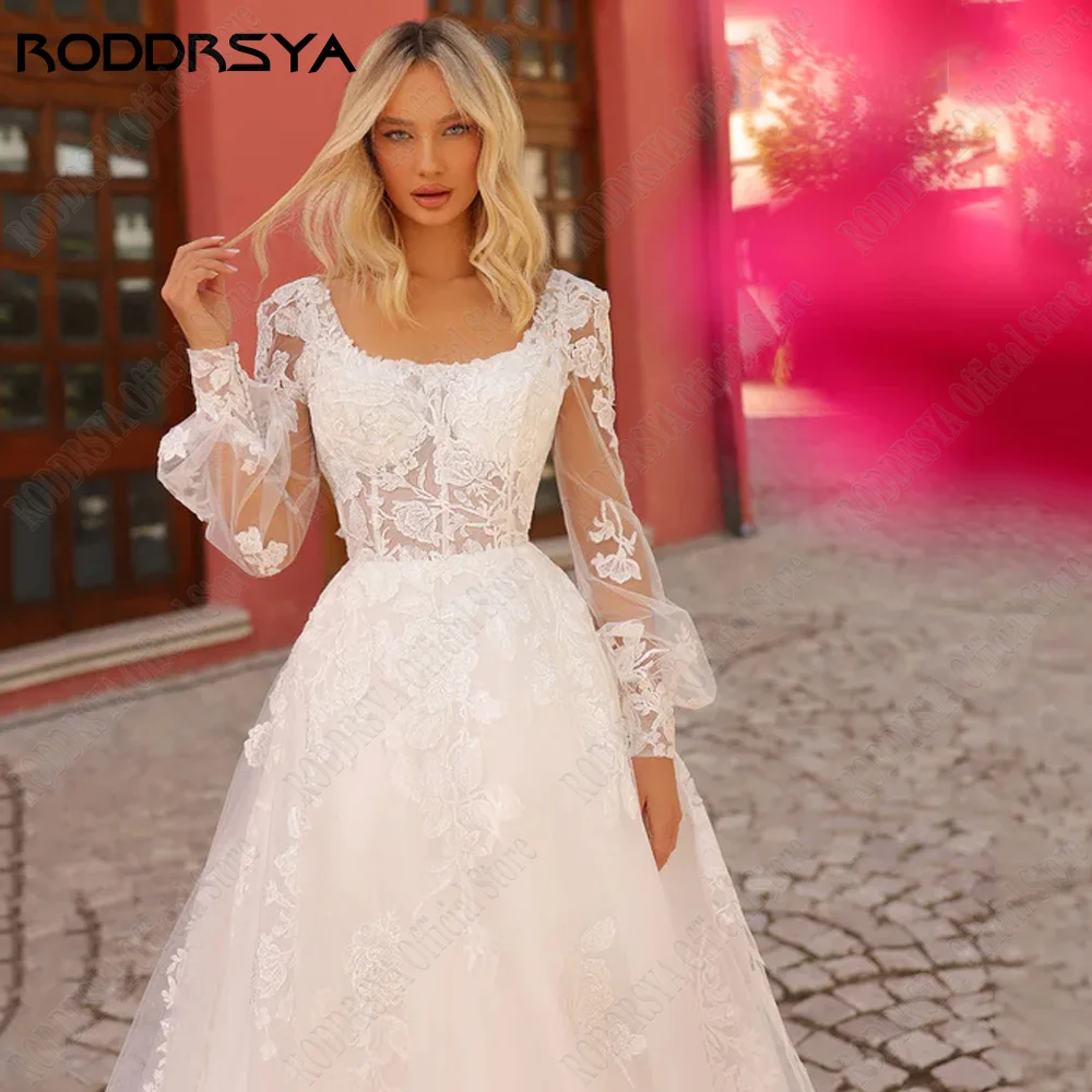 RODRSY Civil Vestido de Noiva Princesa Colar Quadrado Puff Mangas Vestidos de NRODDRSY Vestido De Casamento Civil Princesa Praça Collar Puff Sleeves Vestidos De Noiva Lace Applqiue Sexy Backless A-Line vestido de noiva