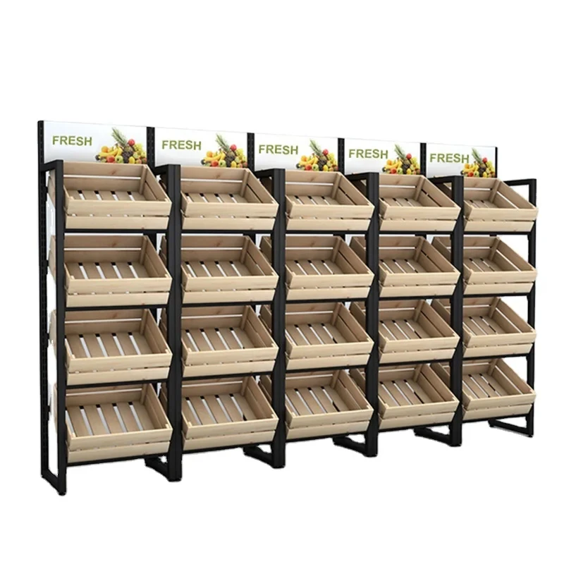 custom.Good Price Metal and Wooden Display Rack Vegetable and Fruit Shelving