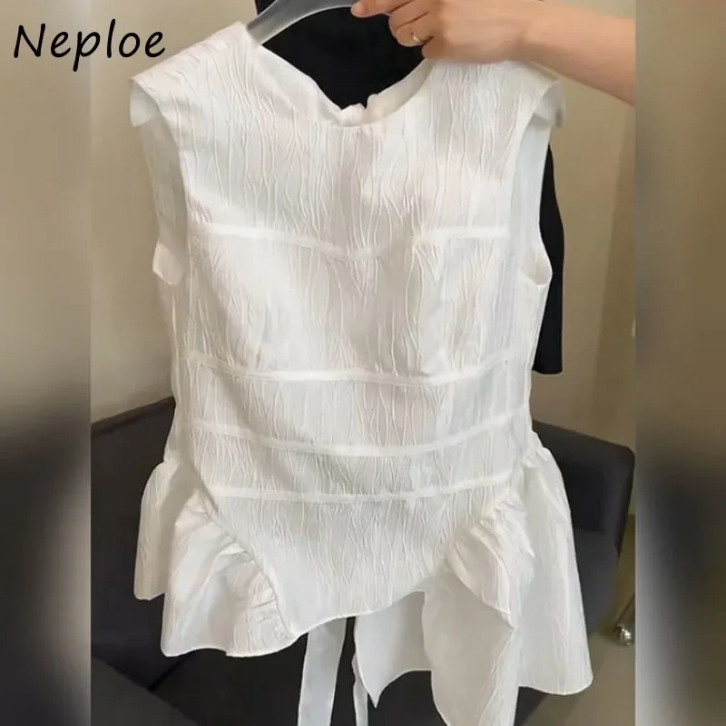 Neploe Elegant Fashion O-neck Bow Lace Up Tank Top 2024 Summer New Ruffles Vest for Women Y2k Irregular Sleeveless Blouses