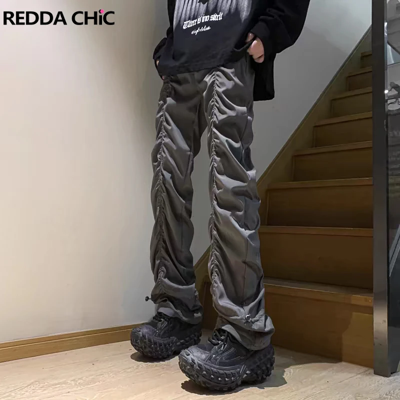 REDDACHIC Shirring Pleated Men Parachute Pants Solid Drawstring Low Waist Quick-dry Wide Loose Casual Bell Bottoms Retro Clothes