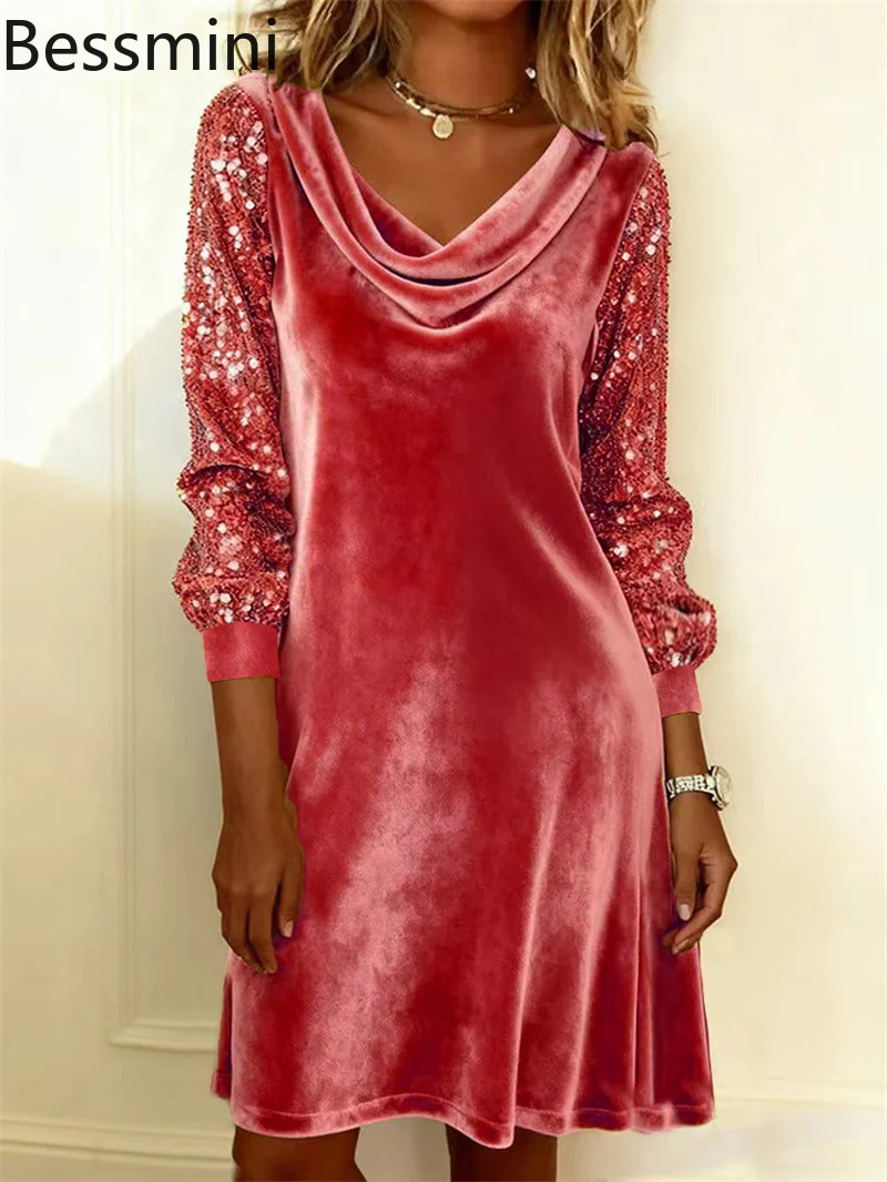 

Women's Sexy Velvet Sequin Patchwork Long Sleeved Slim Fit Dresses Female Fashion Casual Party Nightclub Temperament Short Gown