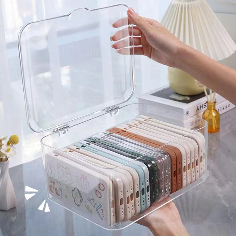 

Ins Transparent Phone Case Organizer Storage Box with Cover Home Desktop Acrylic Sundries Storage Basket Phone Case Holder