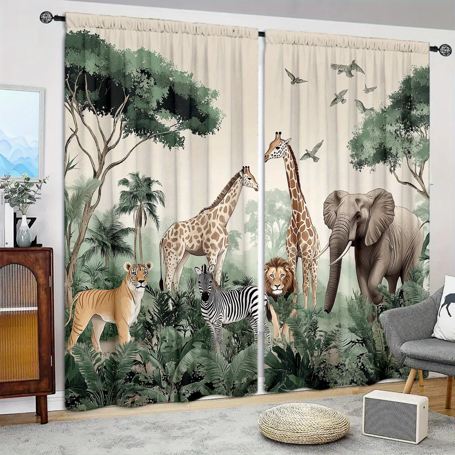 Savannah Wild Animal Curtain 2 Panels, Giraffe Elephant Lion Zebra Tiger Jungle Bird Cream Print,Drapes for Bedroom Kids Curtain